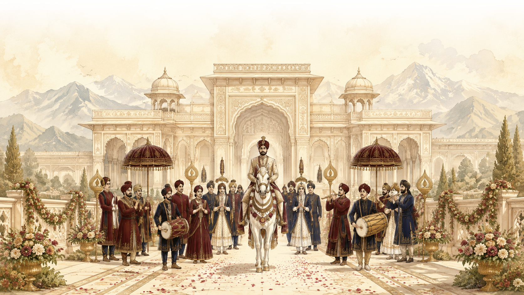 A groom arrives on a white horse for a baraat outside the palace, flanked by dhol players and guests beneath the Himalayas