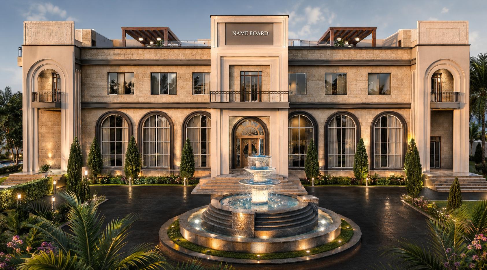 The palace facade at dusk with a tiered fountain and arched windows lit from within