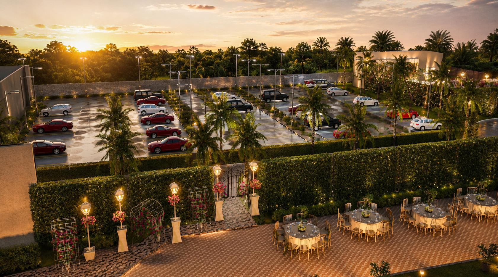 Round tables laid out on the paved terrace at sunset, with the parking area behind