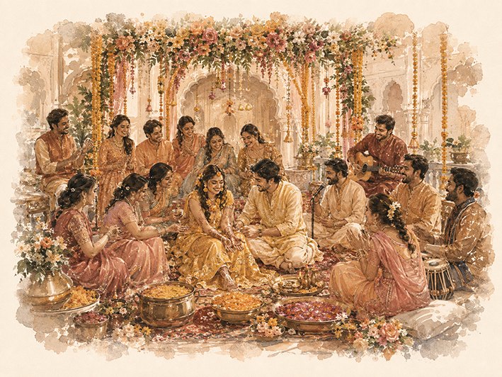 A haldi and sangeet gathering with marigold garlands, music and dancing