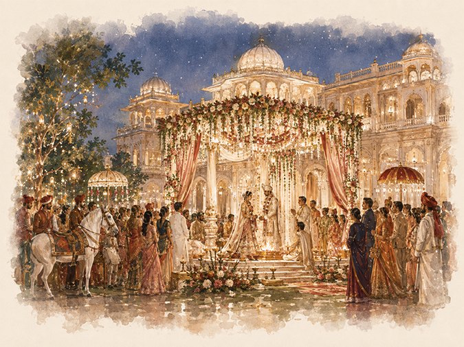 An evening wedding ceremony under a floral mandap, lit palace domes behind