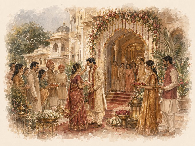 A tilak ceremony at the palace entrance with guests bearing offerings