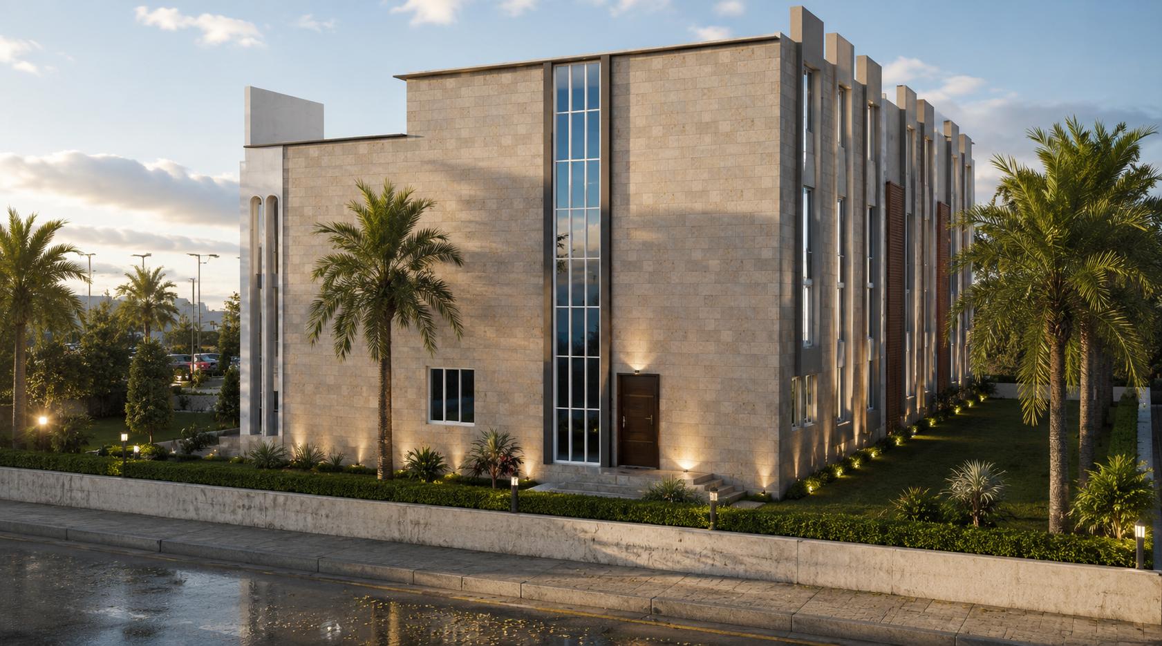 Side elevation of the guest block with a full-height glazed stairwell