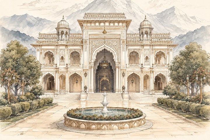 The palace facade with a central fountain and manicured gardens against a mountain backdrop